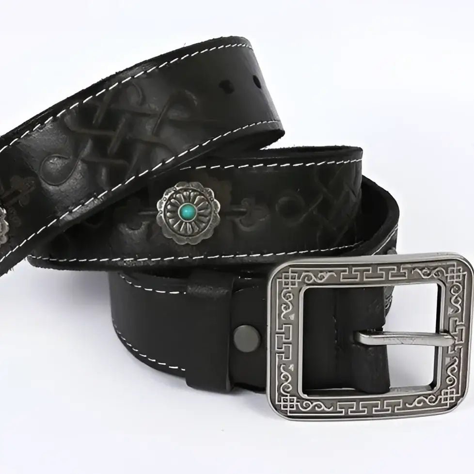 Wauna Belt with embossed black leather and turquoise silver concho decorative accents