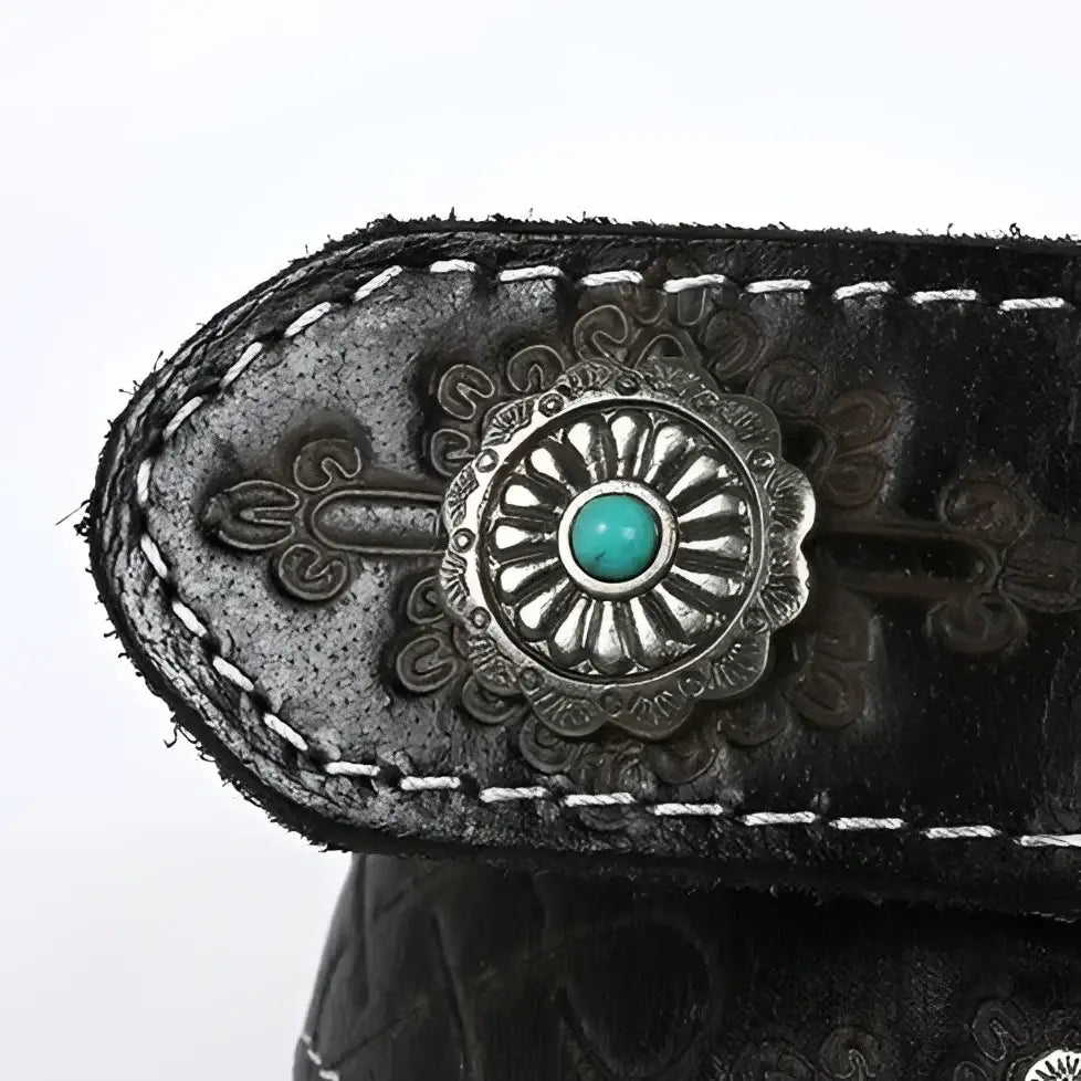 Wauna Belt featuring embossed black leather flap with turquoise-centered silver concho