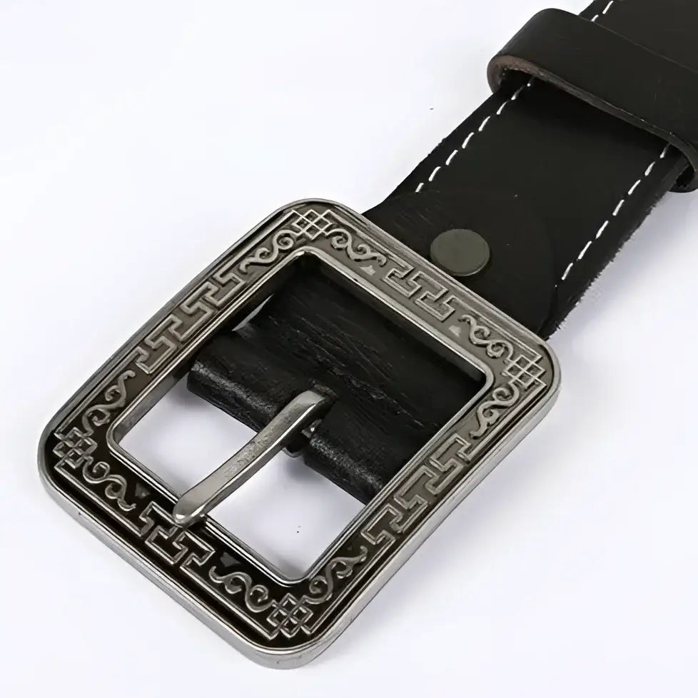 Wauna Belt with embossed black leather and decorative metal buckle featuring turquoise silver concho