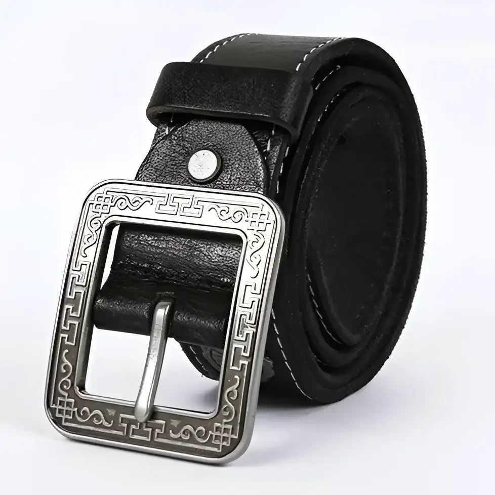 Wauna Belt with embossed black leather and decorative silver buckle featuring turquoise detail