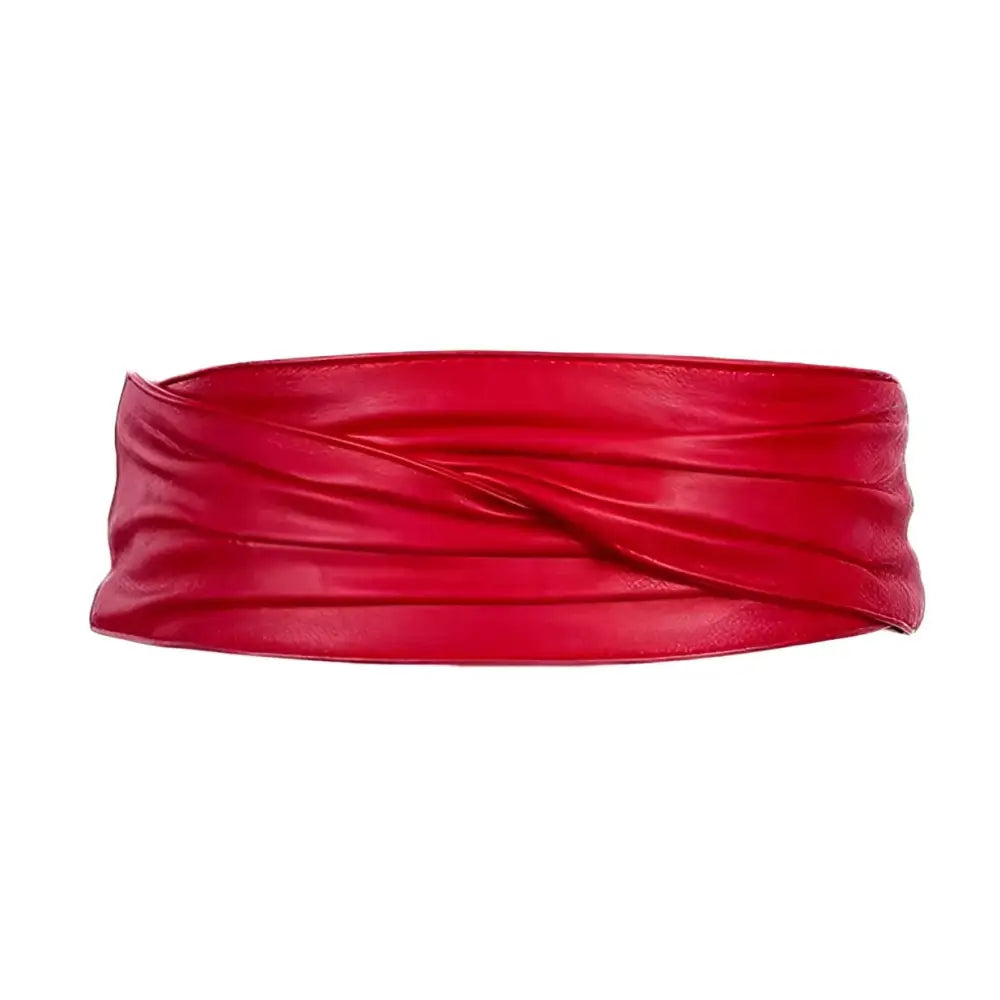 Red leather obi belt from the Utama Belt collection on White Dress with Black Sash