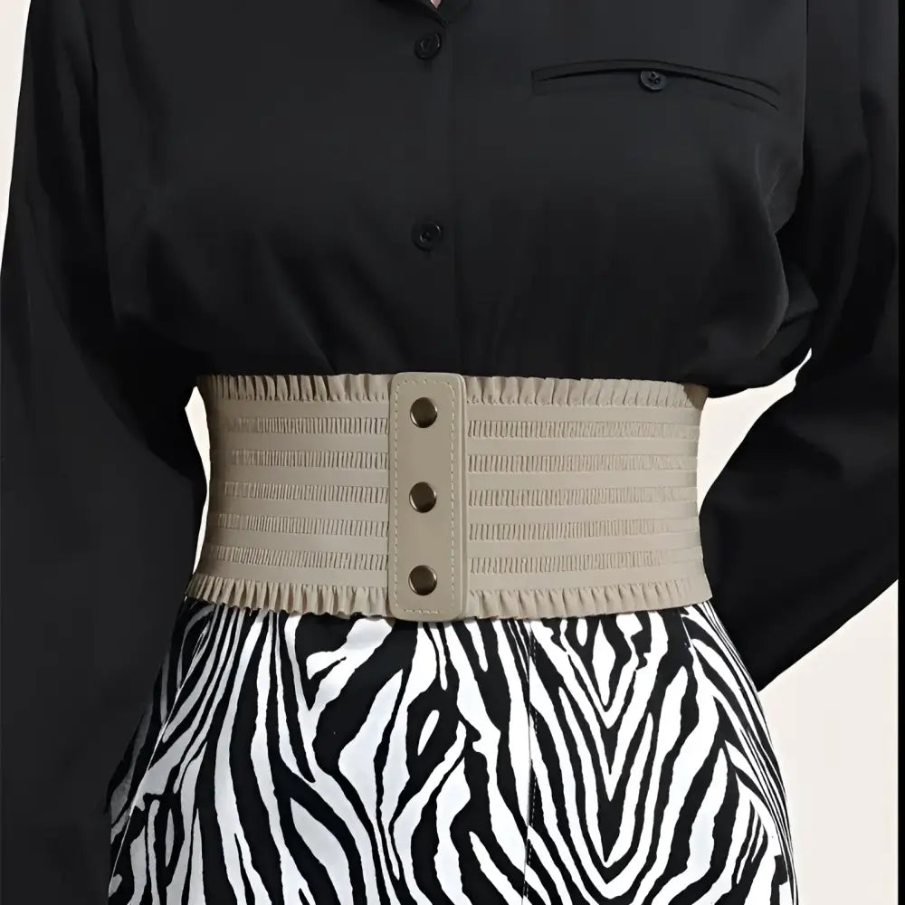 Beige elastic waist belt displayed with a White Elastic Waist Belt with Buttons and Black Corset Belts