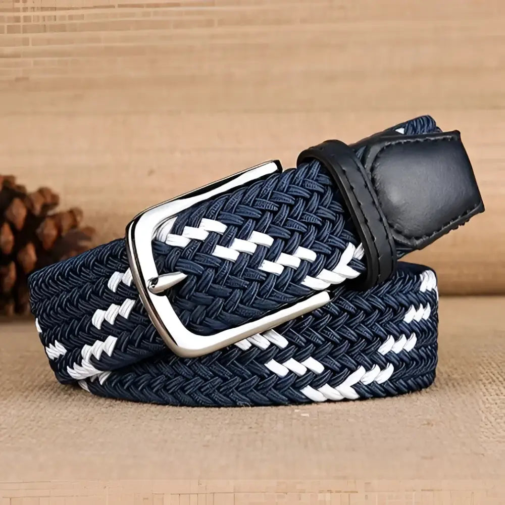 William Belt in braided navy and white with silver buckle for stylish casual wear