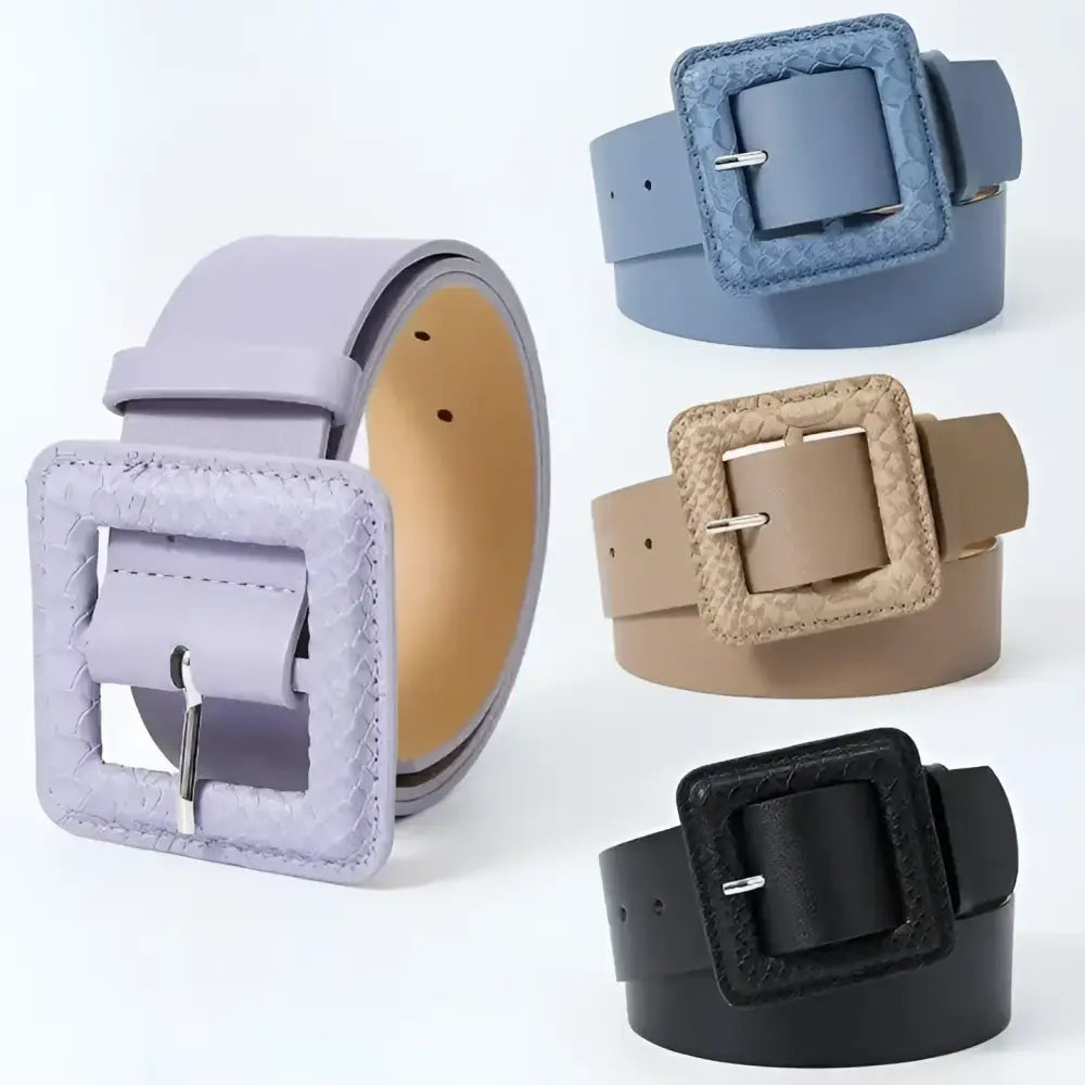 Assorted square-buckle belts from the Wilna Belt Collection in pink, yellow, and lavender