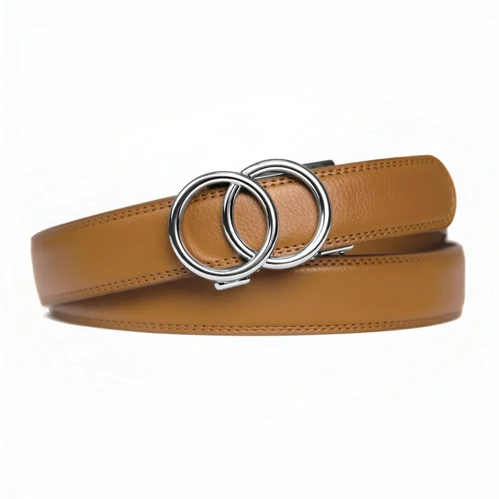Tan leather belt with silver double-circle buckle worn with Black Tank Top and White Pants