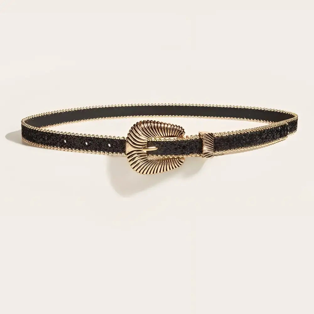 Yerema Western Rhinestone Belt with Gold Buckle featuring a black belt and ornate design