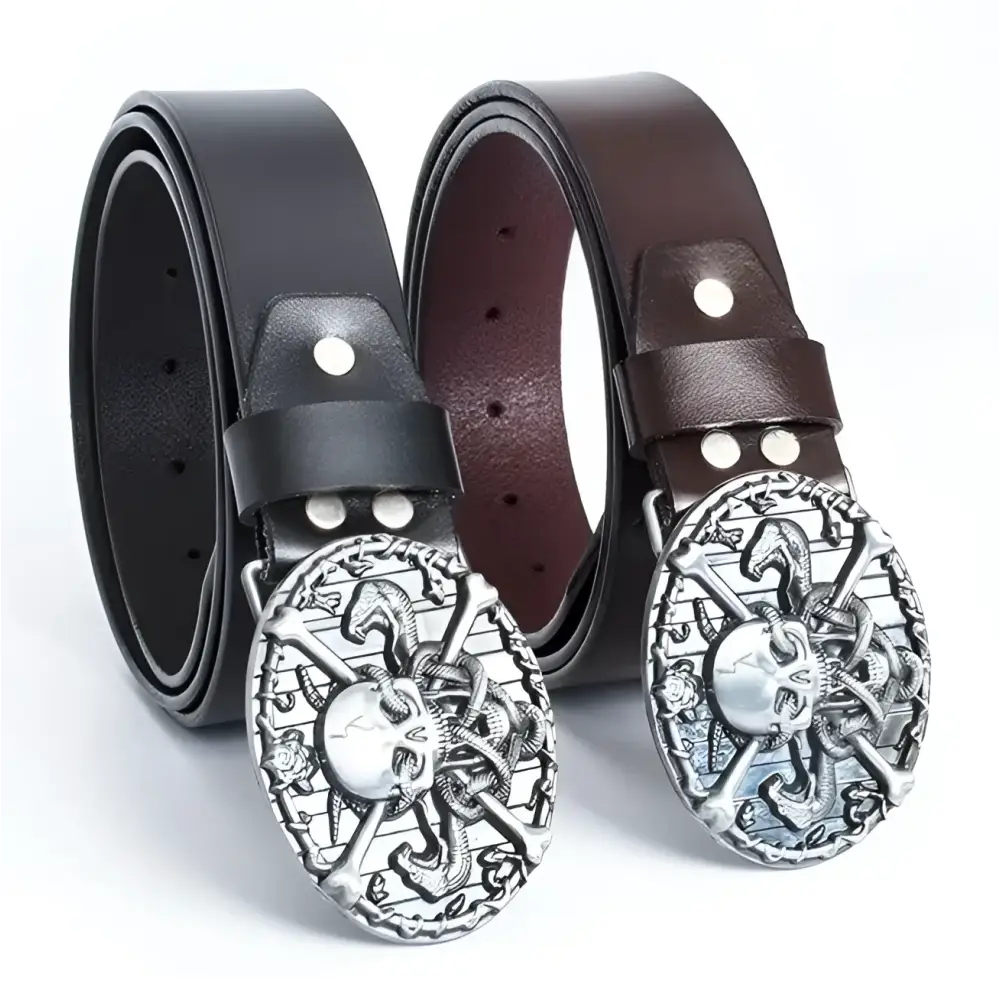 Zegrath Belt with Skull Buckle and Black Leather Design featuring two leather belts