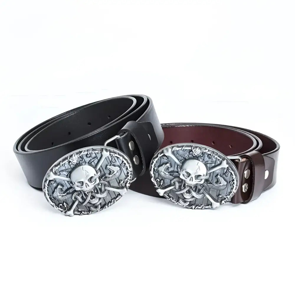 Zegrath Belt with Skull Buckle featuring Black Leather Design and double leather belts