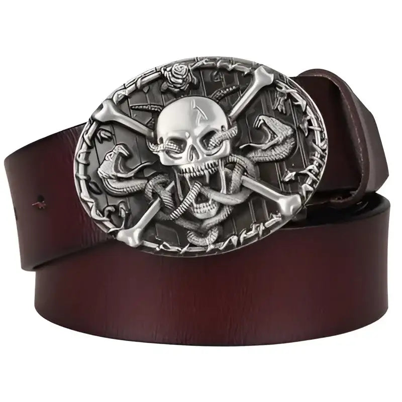 Brown leather Zegrath Belt with skull and snake buckle for stylish accessories
