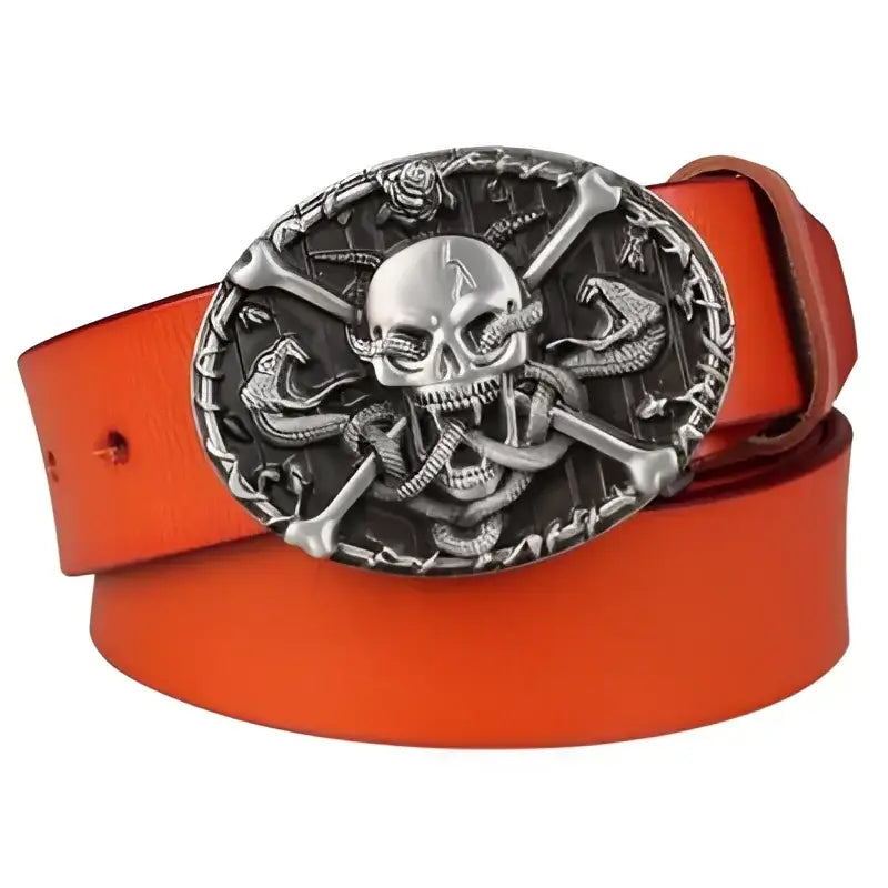 Orange leather belt with skull buckle from Zegrath Belt collection